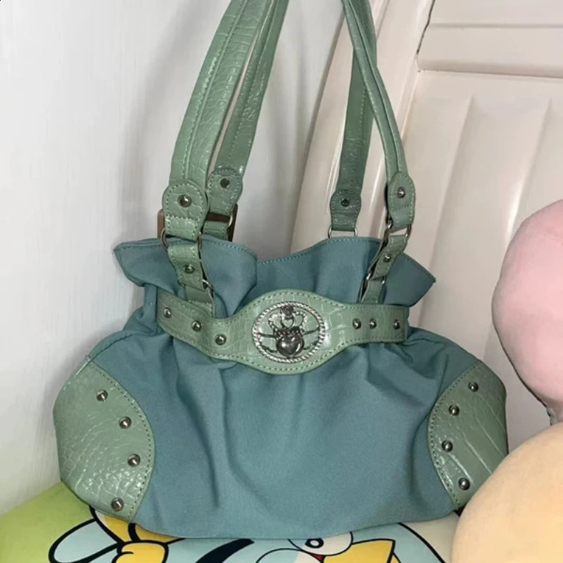Retro Y2k Rivet Underarm Bag Women Belt Buckle Shoulder Handbag Large Capacity Casual Tote Canvas Storage Bag 260529 - view 6