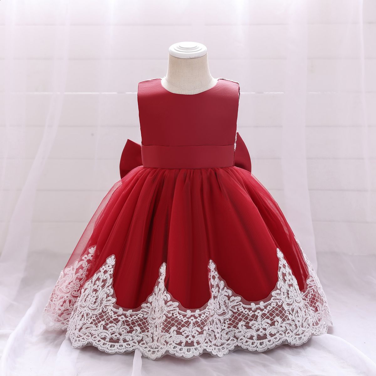 New style girls lace trim color-blocked large bow host evening performance dress princess dress wholesale240507