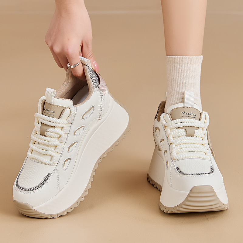 Womens White Beige Rhinestone Chunky Platform Sneakers Lace Up Casual Dad Shoes