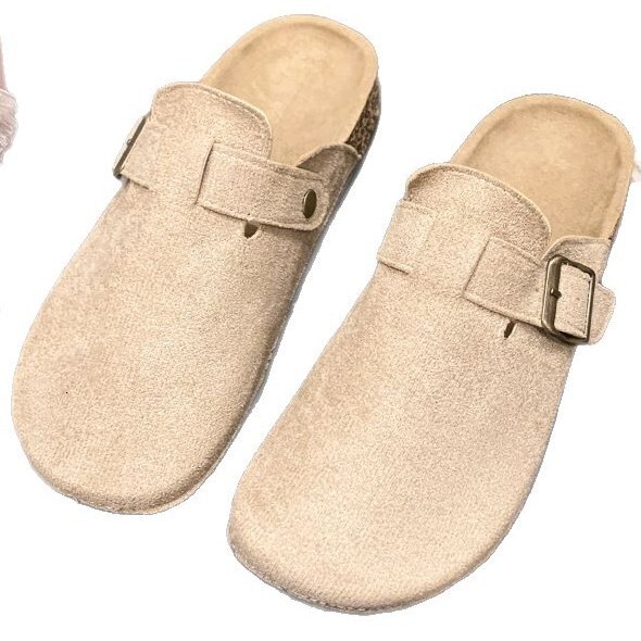 Womens Beige Suede Buckle Strap Mules Flat Summer Comfort Heel Slip On Clog Slippers - view 6