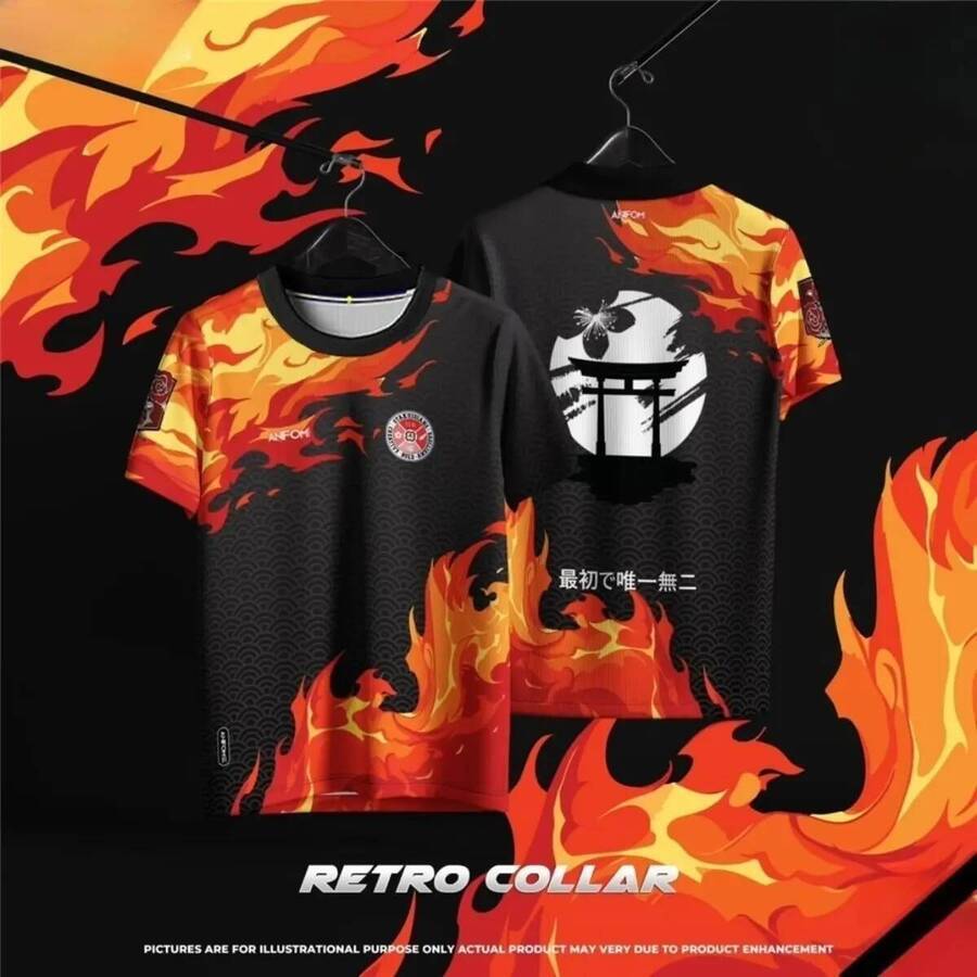 Japanese Style Sweatshirt, Retro Neckline Design, Flame Pattern, Men's T-Shirt, High Quality, Outdoor Sports, Jersey, Short Sleeve, Can Be Worn b