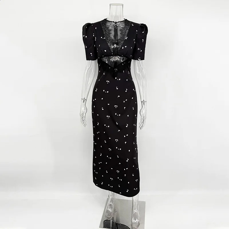 Sexy Hollow Lace Dress Womens Fashion Short Sleeve Elegant High Waist Slim Print Summer Party Club Clothes Female 2026 260625 - view 6
