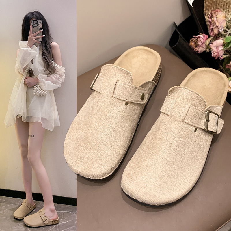 Womens Beige Suede Buckle Strap Mules Flat Summer Comfort Heel Slip On Clog Slippers - view 3