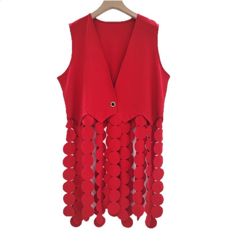 2025 Autumn New Fashion V-neck Sleeveless Round Patchwork Design Tassel Solid Color Top Vest240904