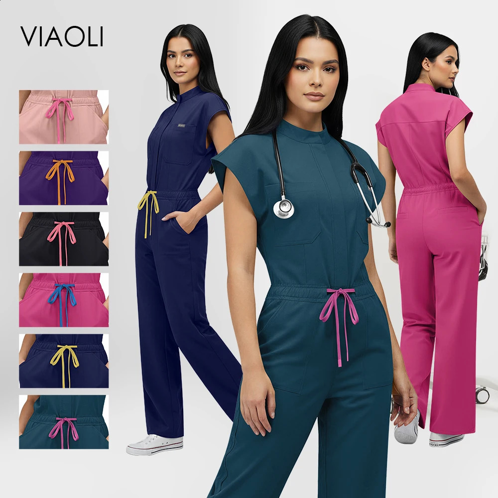 Nurse Jumpsuit Women Spandex Elastic Soft Nursing Scrub Uniforms Sets Female Healthcare Pet Beauty Veterinary Uniform Work Wear 260529