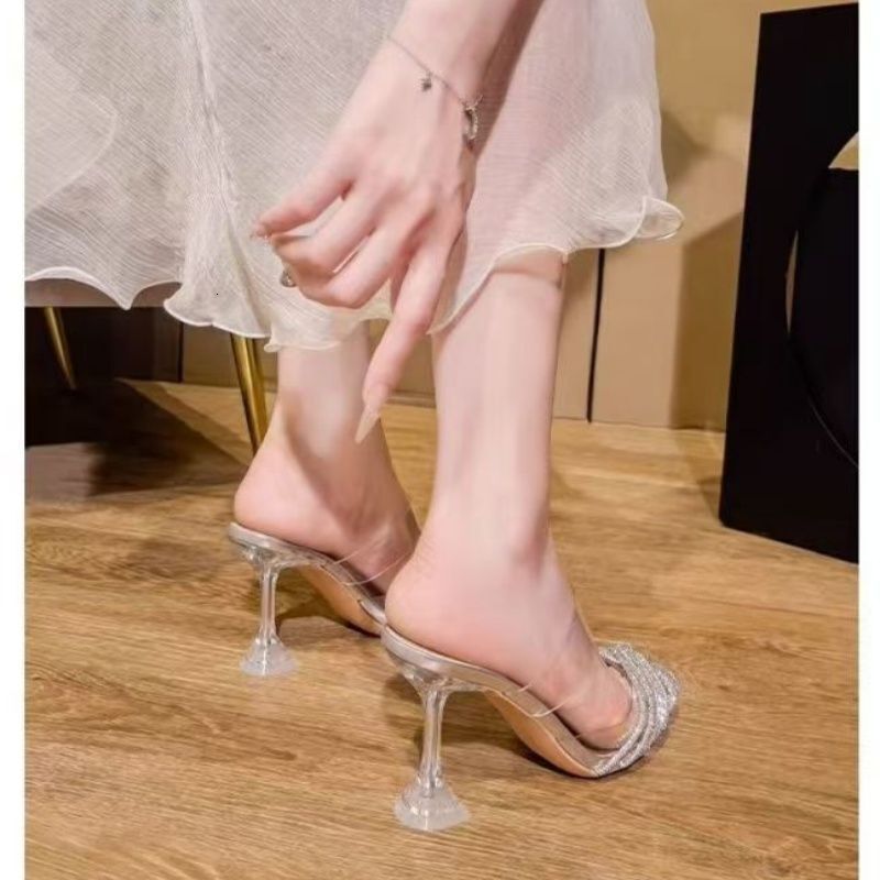 Womens Silver Summer Comfort Rhinestone Slingback Heels Pointed Toe Stiletto Sandals For Party - view 9