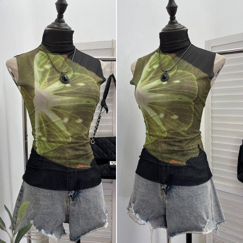Yedinas Sheer Mesh Tank Tops Patchwork Sleeveless Tshirts Korean Fashion Summer Tops Gothic Tank 90s Chic Streetwear 250226