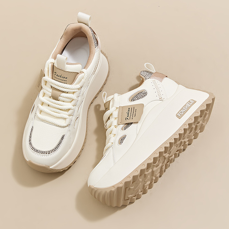 Womens White Beige Rhinestone Chunky Platform Sneakers Lace Up Casual Dad Shoes