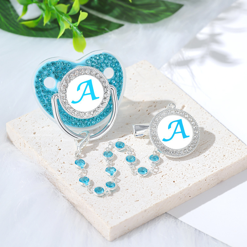 26 Letters Bling Blue Baby Pacifier with Gem Bead Chain Gem Clip /Teether Toy 251107