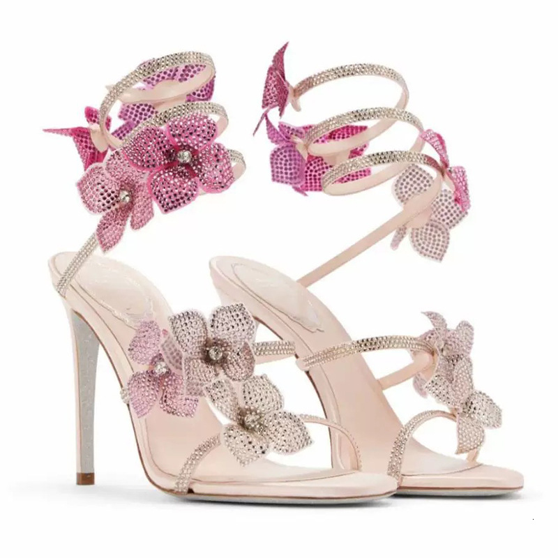 Womens Champagne Crystal Flower Ankle Strap Heels Summer Comfort Stiletto Wedding Sandals - view 5