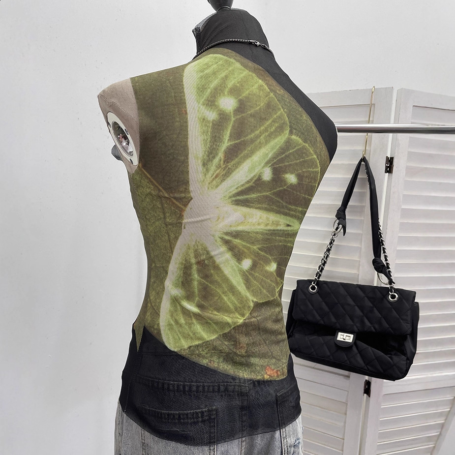 Yedinas Sheer Mesh Tank Tops Patchwork Sleeveless Tshirts Korean Fashion Summer Tops Gothic Tank 90s Chic Streetwear 250226