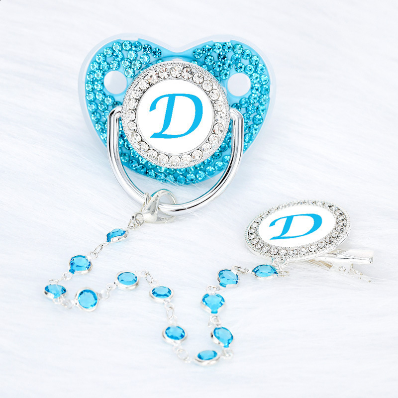 26 Letters Bling Blue Baby Pacifier with Gem Bead Chain Gem Clip /Teether Toy 251107