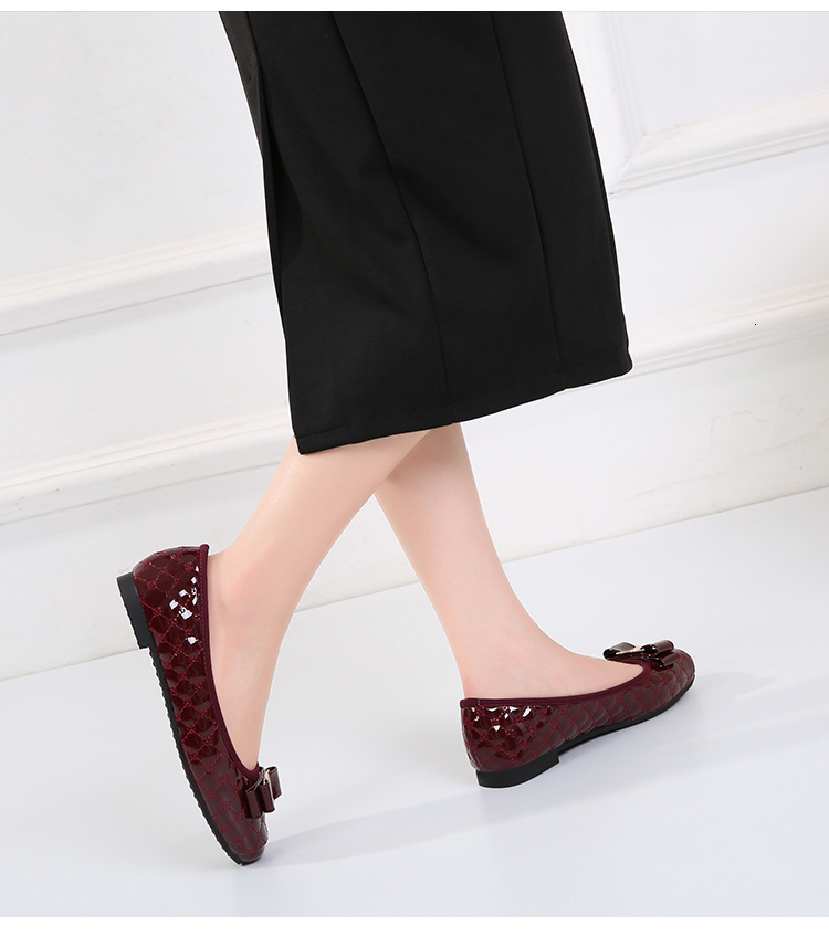 Womens Black Beige Burgundy Quilted Non Slip Patent Leather Bow Flats Square Toe Dress Shoes - view 6