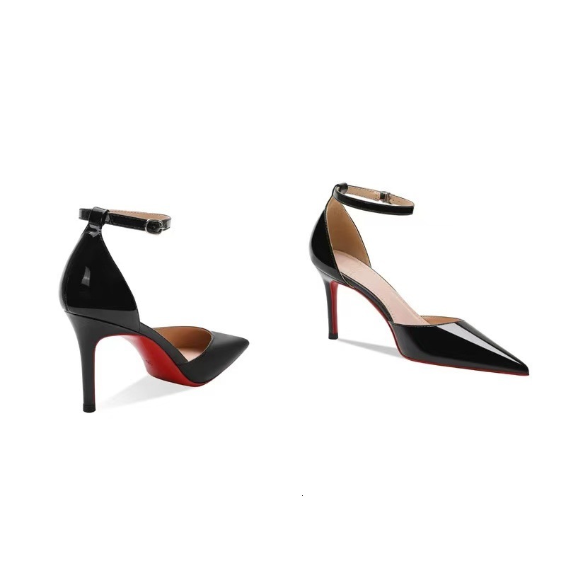 Womens Black Patent Leather Pointed Toe Ankle Strap Stiletto Heels Red Bottom High Heel Pumps For Party Formal Wear - view 8