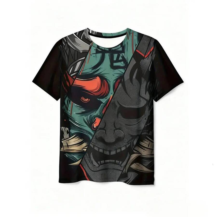Large Size 3D Japanese Samurai Pattern T-Shirt, For Men, Hot Sale, Bright Print, Casual Crew Neck Short Sleeve Top, Lightweight Elastic Fabric, wholes