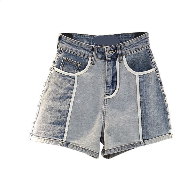 European-style color-blocked elastic high-waisted wide-leg shorts niche color-blocked chic denim hot pants for women200701