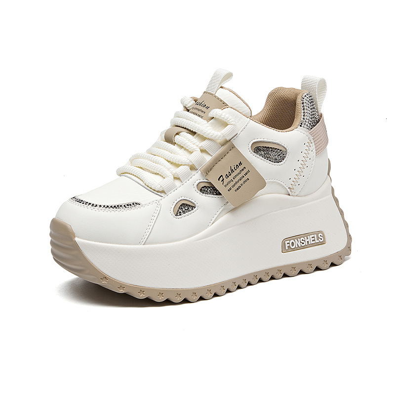Womens White Beige Rhinestone Chunky Platform Sneakers Lace Up Casual Dad Shoes
