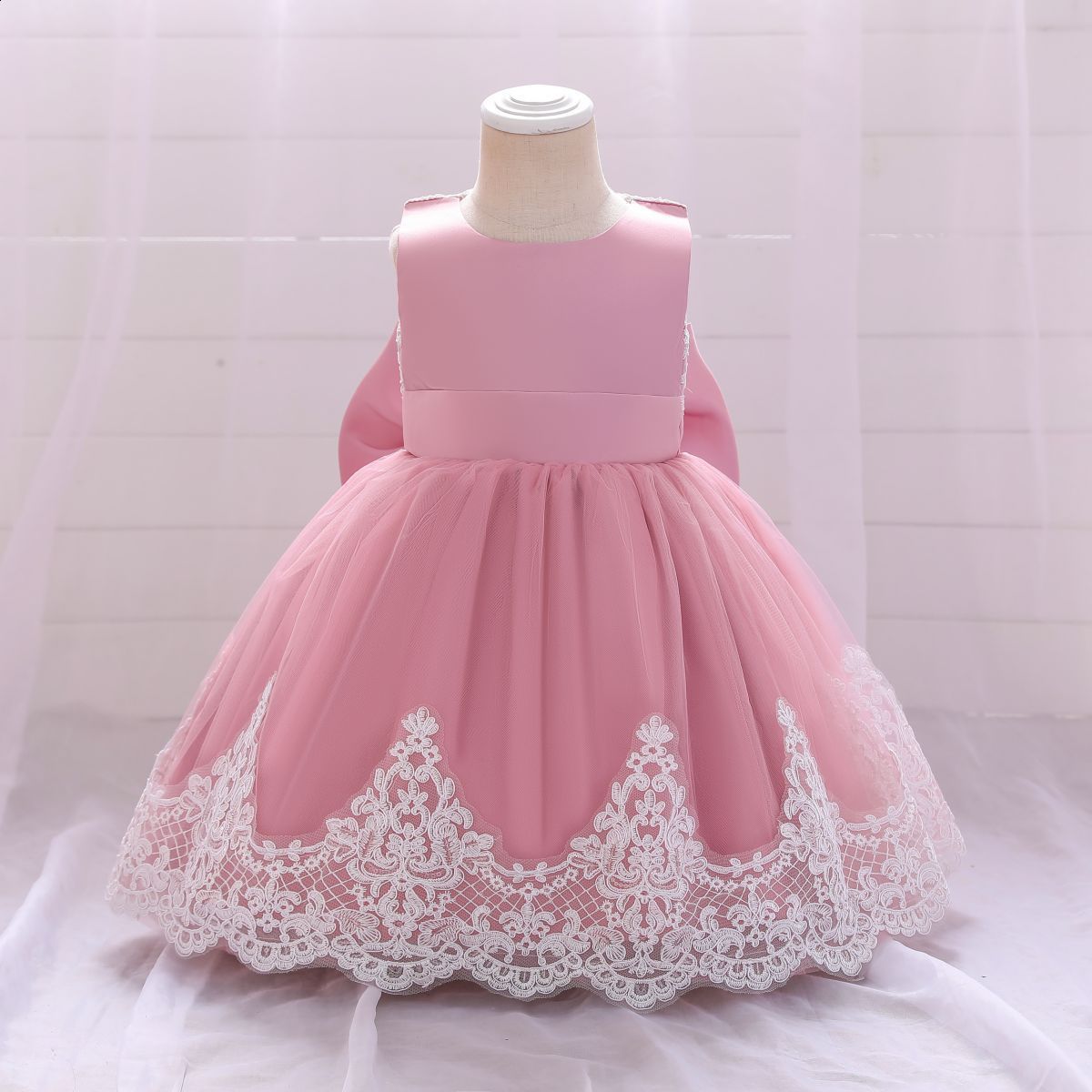 New style girls lace trim color-blocked large bow host evening performance dress princess dress wholesale240507