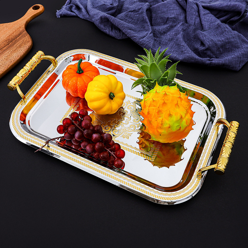 Stainless Steel Serving Tray with Handles Elegant Rectangular Coffee Bar Holder Dessert Display Plate Home Decor 240902