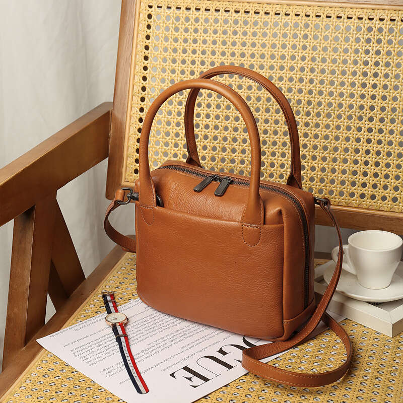 Large Capacity Genuine Leather Boston Small Square Bag, Vintage Simple Style Women Handbag, High End Casual Commuter Shoulder Crossbody Bag SENYY