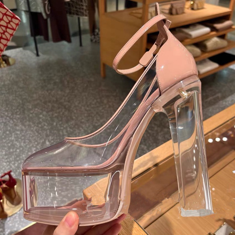 Womens Nude Clear Platform Heels Transparent Chunky Heel Ankle Strap Pumps