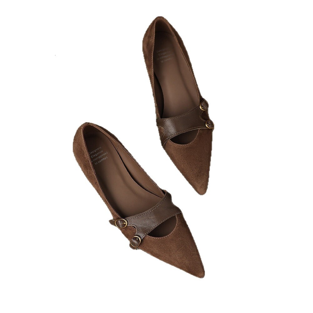 Womens Brown Suede Summer Comfort Pointed Toe Mary Jane Flats Double Buckle Strap Shoes - view 6