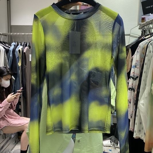 Korean-style Tie-dye Mesh Long-sleeve T-shirt For Women Summer Model Round Neck Loose Fit Slimming Stylish Pullover Casual Top 240814