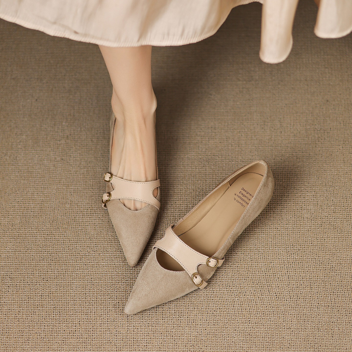 Womens Brown Suede Summer Comfort Pointed Toe Mary Jane Flats Double Buckle Strap Shoes