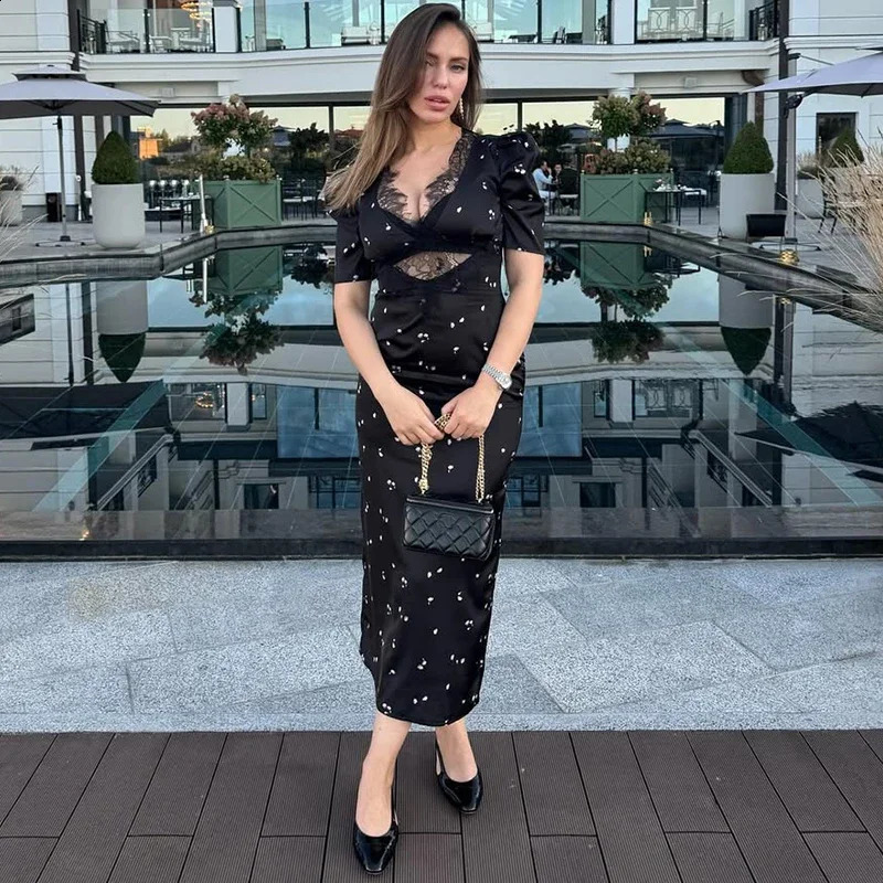 Sexy Hollow Lace Dress Womens Fashion Short Sleeve Elegant High Waist Slim Print Summer Party Club Clothes Female 2026 260625 - view 5