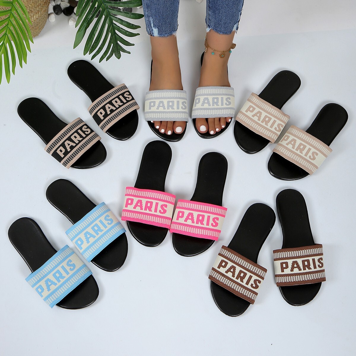 Womens Multi Color Paris Letter Embroidered Slide Sandals Flat Open Summer Comfort Toe Slippers - view 3