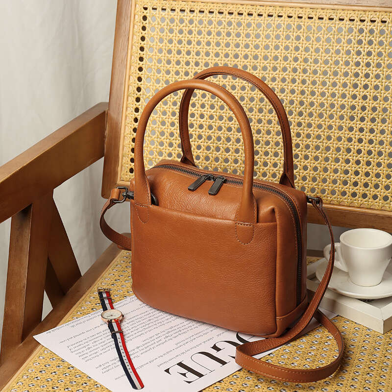 Large Capacity Genuine Leather Boston Small Square Bag, Vintage Simple Style Women Handbag, High End Casual Commuter Shoulder Crossbody Bag SENYY