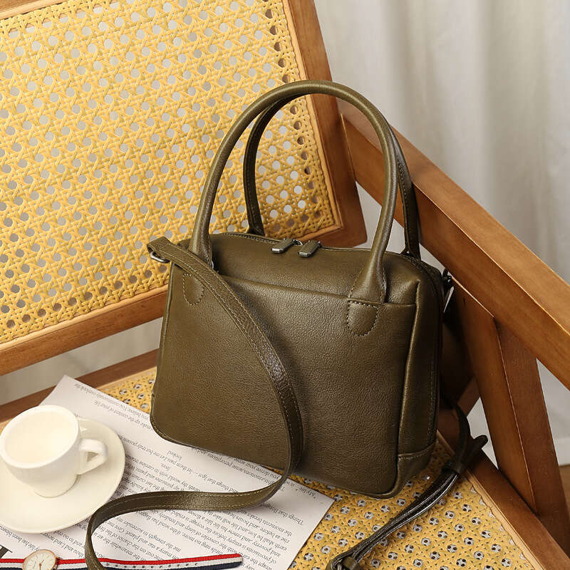 Large Capacity Genuine Leather Boston Small Square Bag, Vintage Simple Style Women Handbag, High End Casual Commuter Shoulder Crossbody Bag SENYY