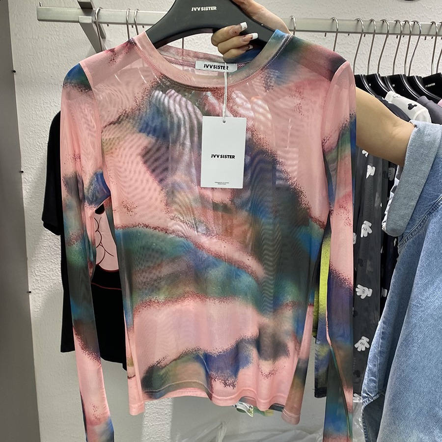 Korean-style Tie-dye Mesh Long-sleeve T-shirt For Women Summer Model Round Neck Loose Fit Slimming Stylish Pullover Casual Top 240814