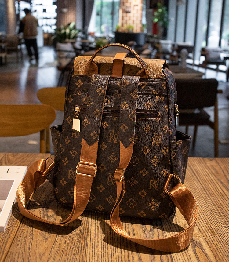 2026 designer Print Flap Backpack PU Leather Brown Casual Travel Daypack With Buckle Closure