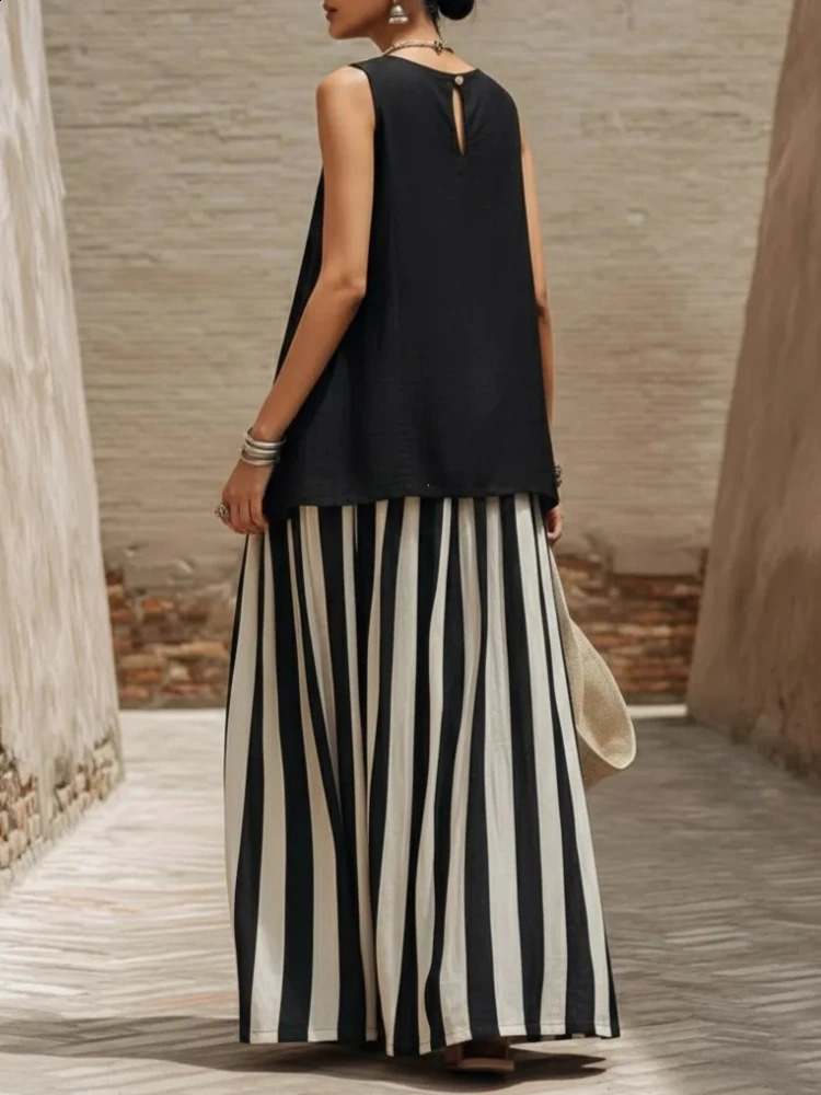 2026 Boho Two Piece Sets Women Casual Solid Sleeveless Tank Top Striped High Waist Skirts Suit Summer Holiday Vacation Outfit 260529 - view 3