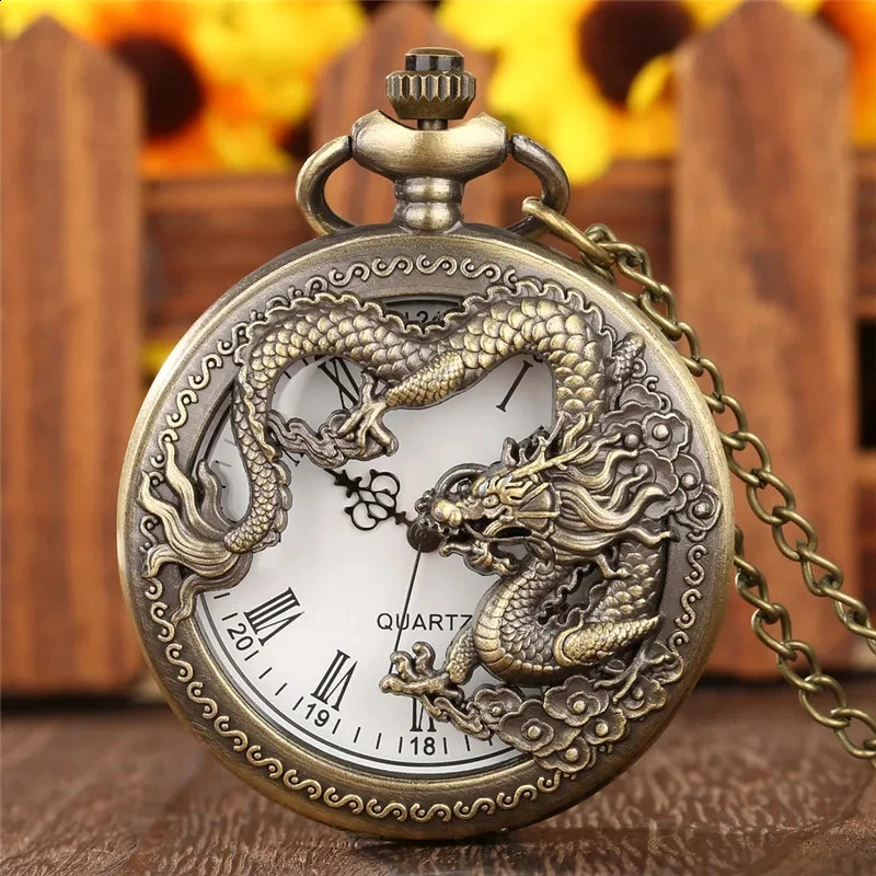 Classic vintage pocket watch fashion hollow carving Chinese dragon Roman numerals dial necklace gift 260530BJ - view 6