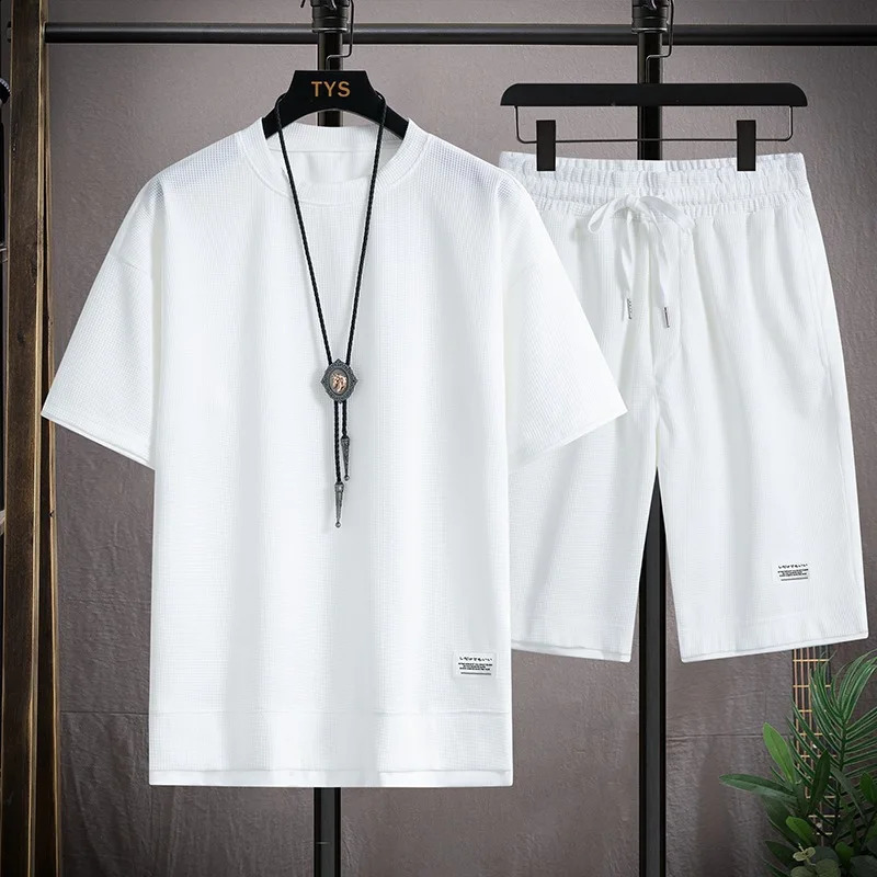 Summer Mens Waffle Sets Casual TShirt And Shorts Set Male Sports Suit Solid Color Tracksuit Loose Suits 260625 - view 6