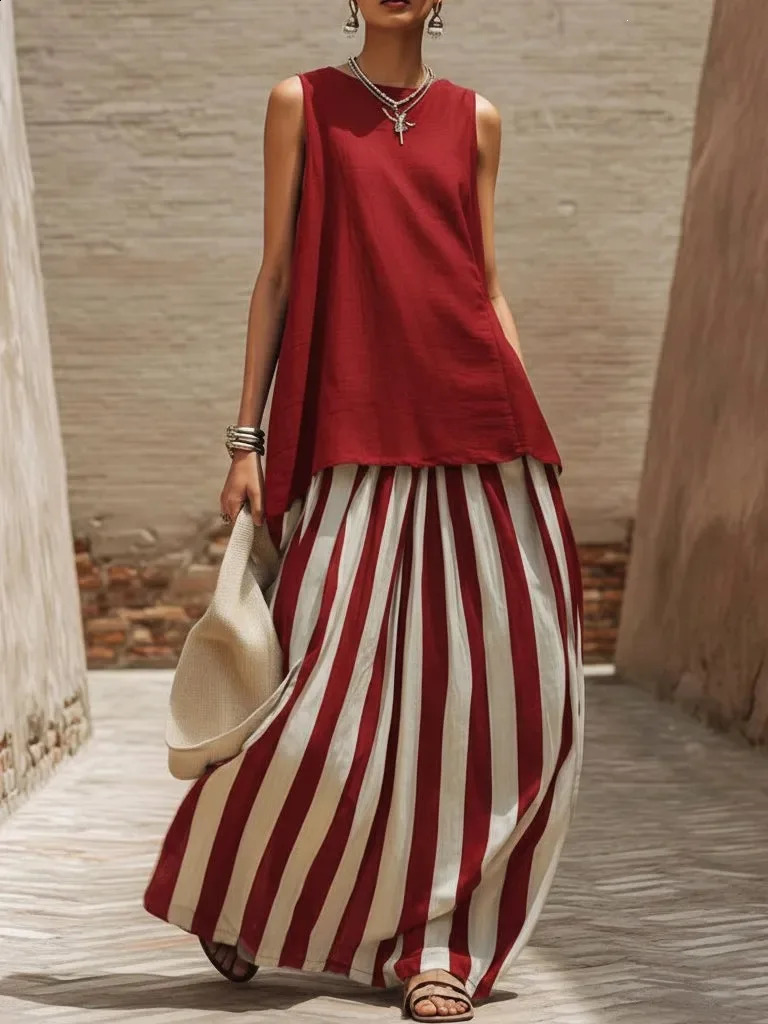 2026 Boho Two Piece Sets Women Casual Solid Sleeveless Tank Top Striped High Waist Skirts Suit Summer Holiday Vacation Outfit 260529 - view 5