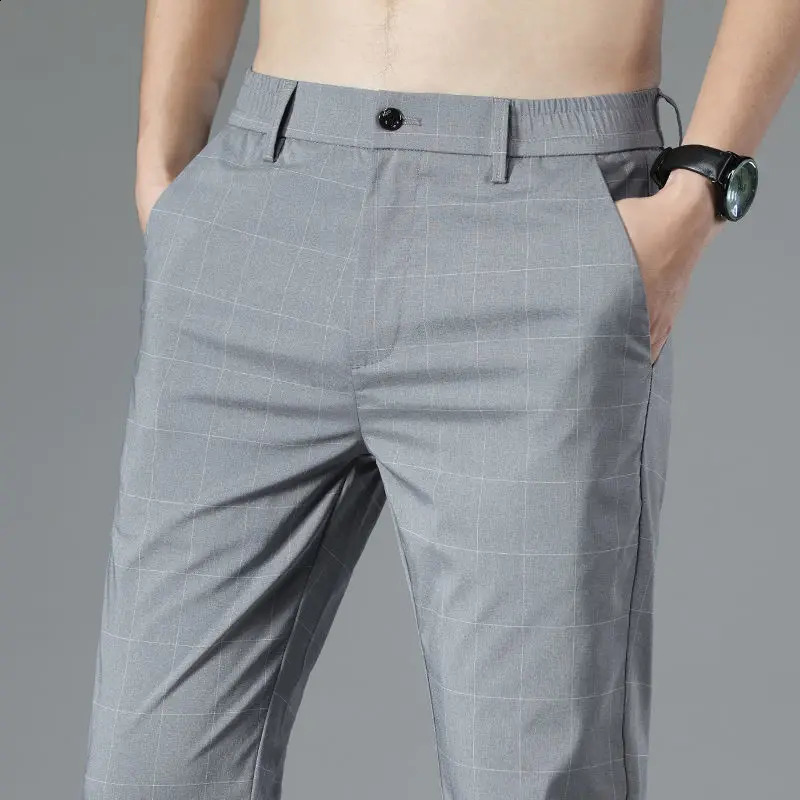 Male Suit Trousers Check Cooling Ice Silk Plaid Straight Up Clothes Offer Slacks ner Mens Summer Pants Fabric 2025 Classic y260618 - view 3