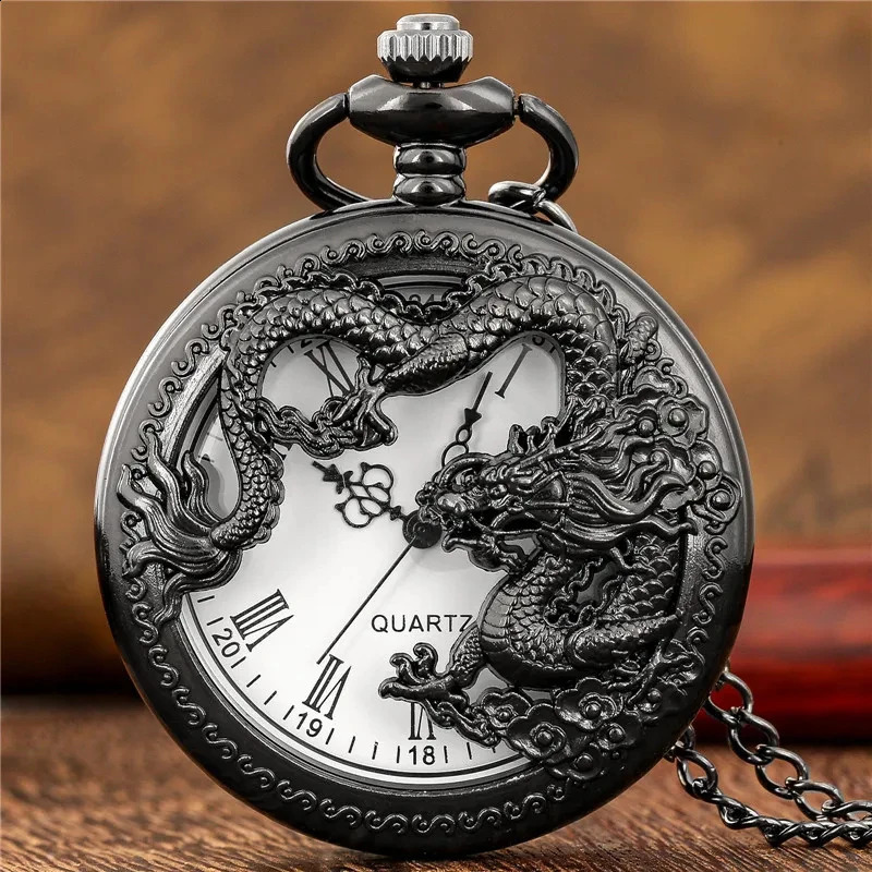 Classic vintage pocket watch fashion hollow carving Chinese dragon Roman numerals dial necklace gift 260530BJ - view 4