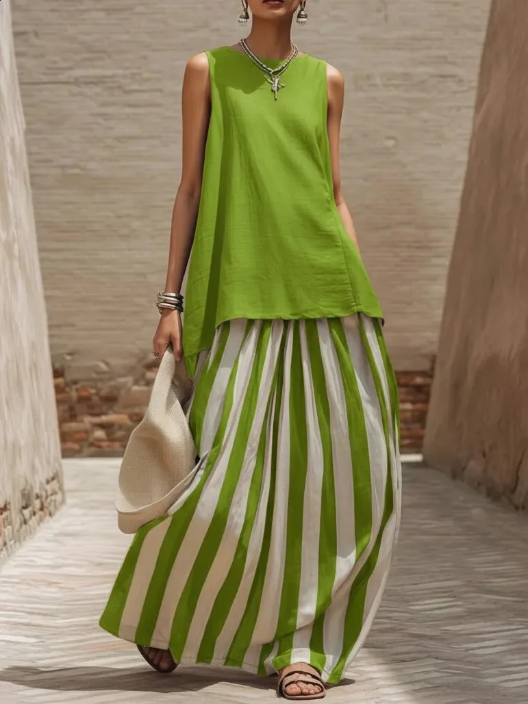 2026 Boho Two Piece Sets Women Casual Solid Sleeveless Tank Top Striped High Waist Skirts Suit Summer Holiday Vacation Outfit 260529 - view 6