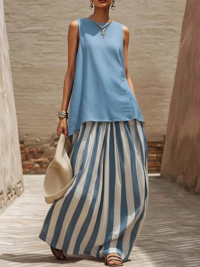 2026 Boho Two Piece Sets Women Casual Solid Sleeveless Tank Top Striped High Waist Skirts Suit Summer Holiday Vacation Outfit 260529 - view 4