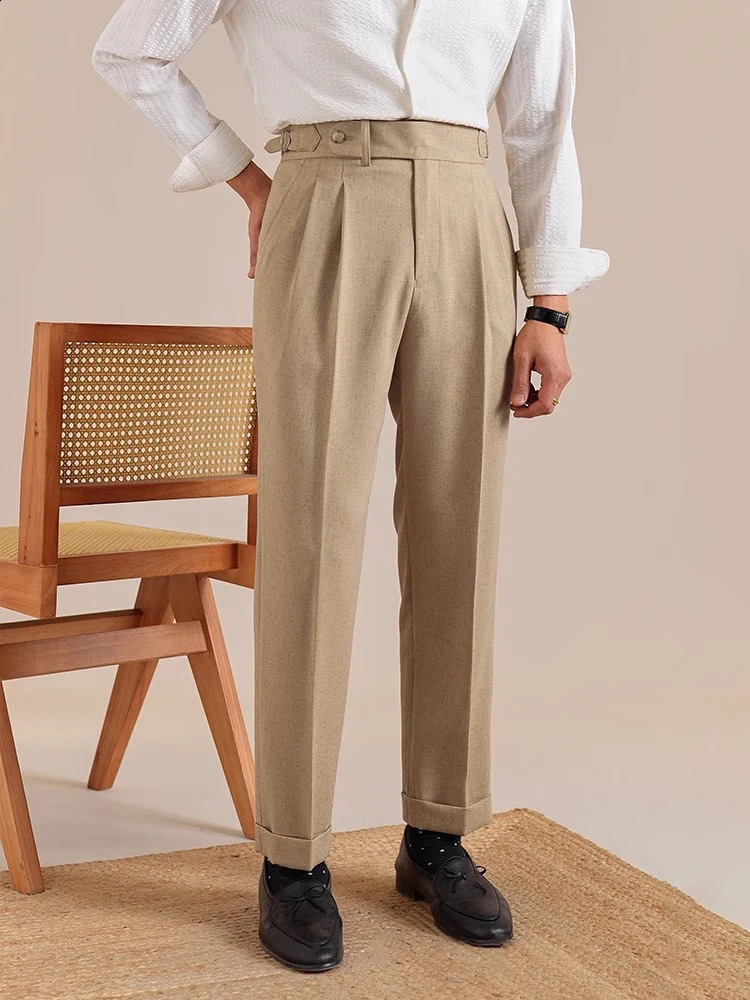 Naples High Waist Linen Suit Pants Men Breathable Straight Leg Office Trousers Pantalon Costume Homme Mens Social y260618 - view 5