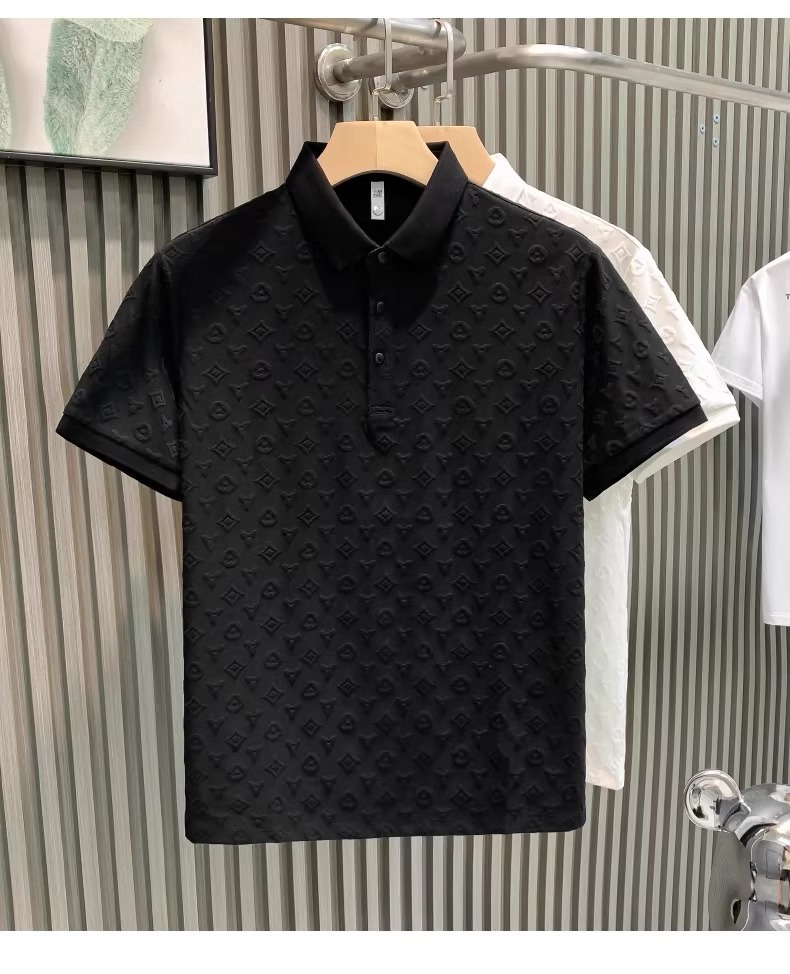 Cross-border new style men's fashionable luxury jacquard casual fitted collar base shirt, stylish and breathable short-sleeved T-shirt. Free ship - view 3