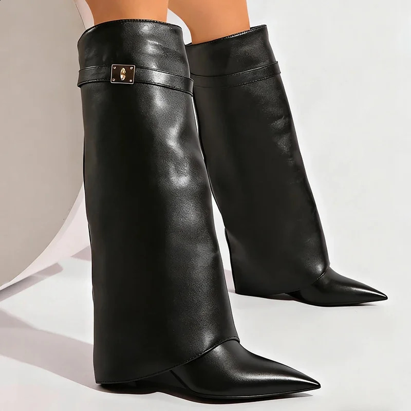 Black Pu Leather Knee High Boots Women Sexy Pointed Toe Straight Leg Boots Woman Punk Style Wedge High Heels Long Botas Mujer 260525BJ - view 7