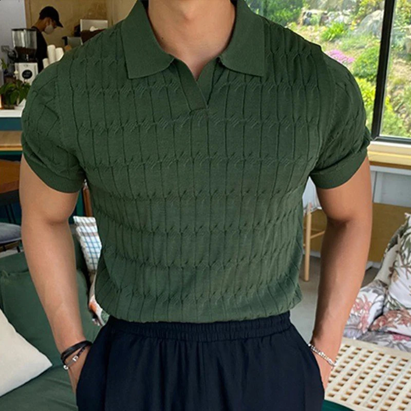 Mens Knitted Jacquard Polo Shirt Casual Stripe V-Neck Solid Color Short Sleeve T-Shirt Breathable Light Clothing 260530