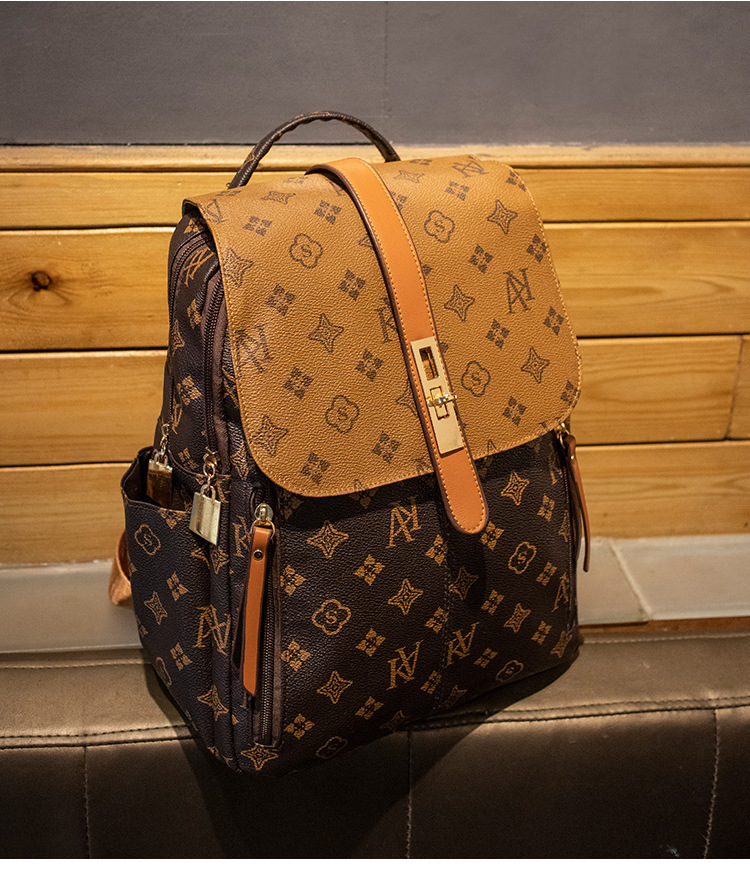 2026 designer Print Flap Backpack PU Leather Brown Casual Travel Daypack With Buckle Closure