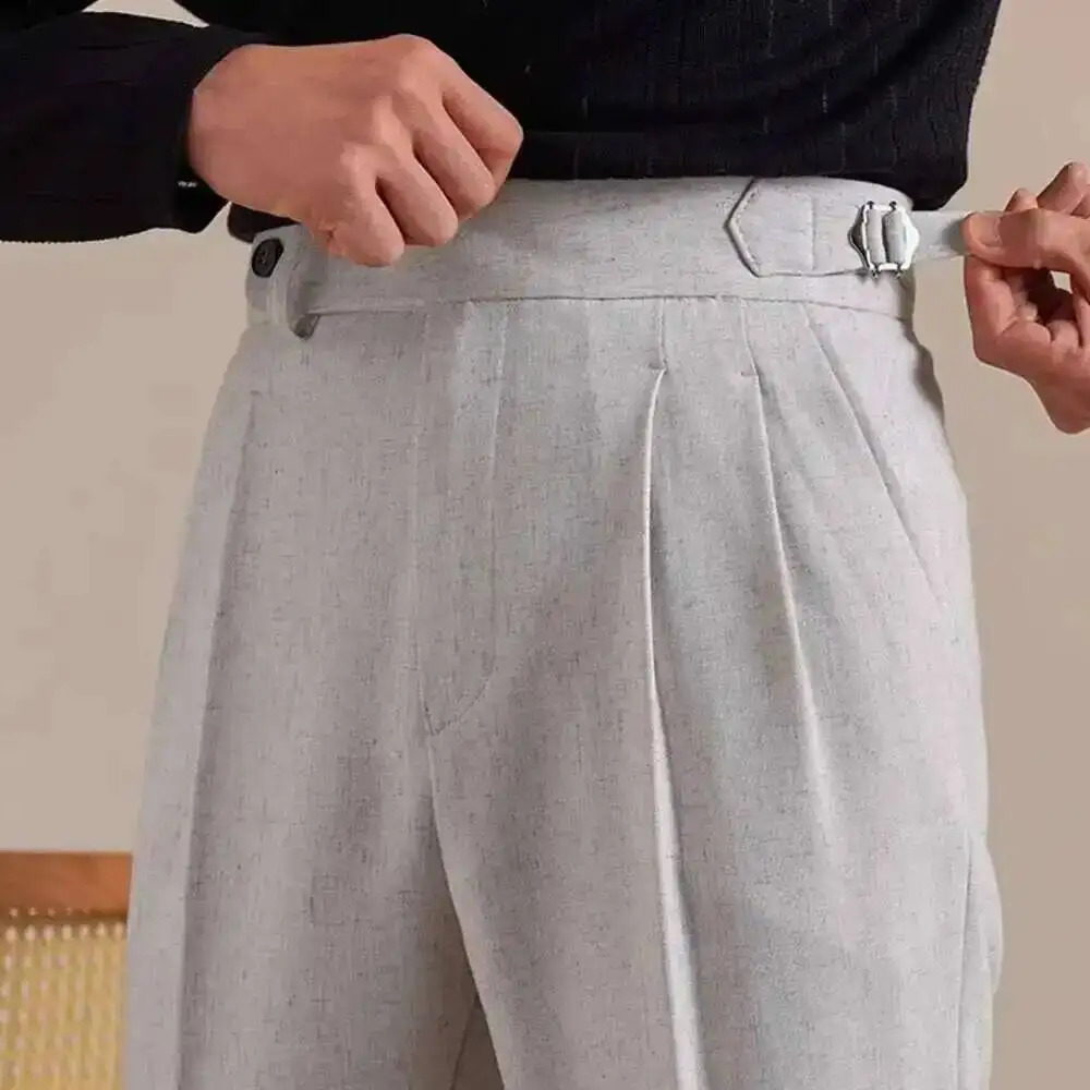 Naples High Waist Linen Suit Pants Men Breathable Straight Leg Office Trousers Pantalon Costume Homme Mens Social y260618 - view 3