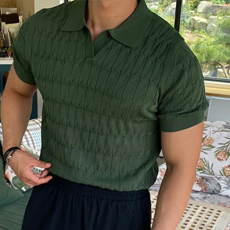 Mens Knitted Jacquard Polo Shirt Casual Stripe V-Neck Solid Color Short Sleeve T-Shirt Breathable Light Clothing 260530