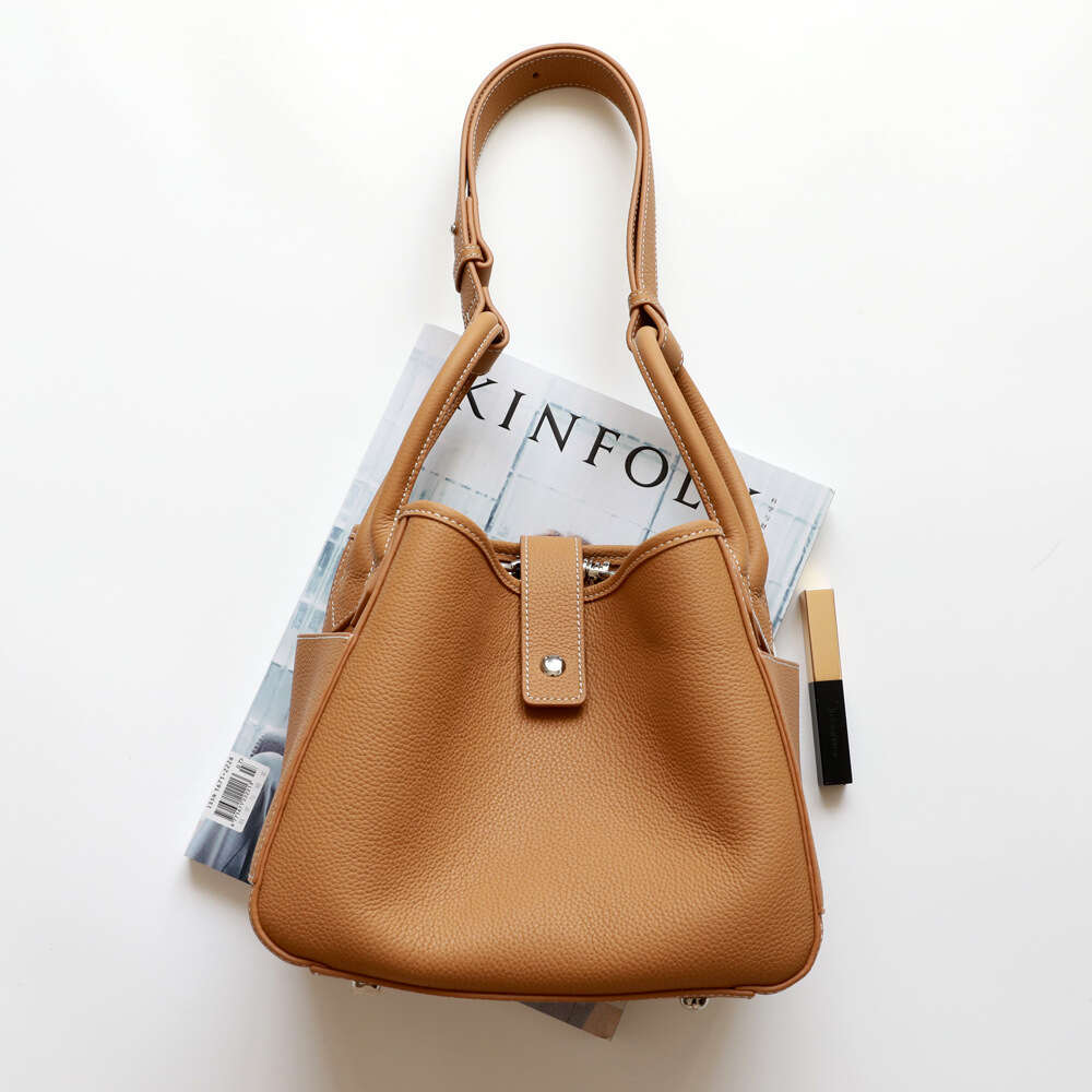 Top layer lychee grain genuine leather sugar cube bucket bag fashionable women shoulder crossbody underarm bag large capacity commuter versatile handb